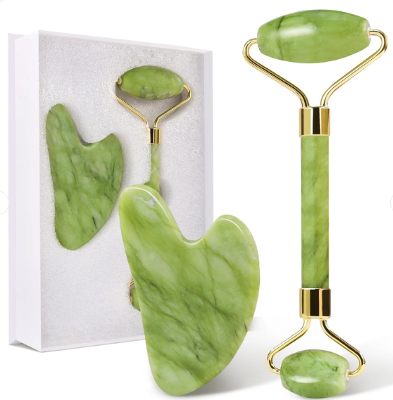 FLFWLASS Contour Facial Roller & Gua Sha Massager Set – Natural Jade Stone Beauty Kit for Face Lifting & Anti-Aging